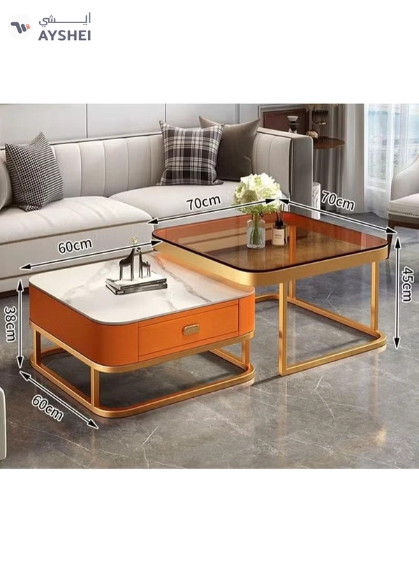 DubaiGallery Premium Double Coffee Table Set for Living Room, Marble Storage Side Table + Glass Top Large Center Table, Gold Steel Base, Modern Home Furniture