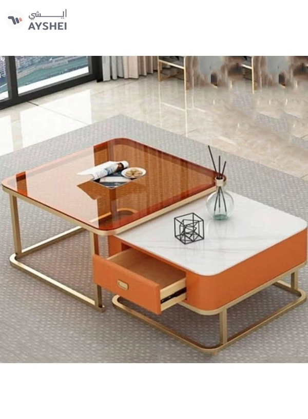 DubaiGallery Premium Double Coffee Table Set for Living Room, Marble Storage Side Table + Glass Top Large Center Table, Gold Steel Base, Modern Home Furniture