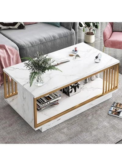 DubaiGallery Elegant Coffee Table with Storage Shelf, Rectangular White Tabletop, Wooden Frame Construction, Modern Center Table Ideal for Living Room, Lounge, Apartment, or Office Spaces-0