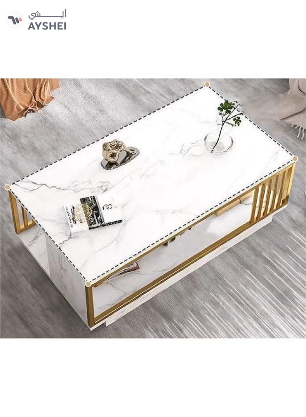 DubaiGallery Elegant Coffee Table with Storage Shelf, Rectangular White Tabletop, Wooden Frame Construction, Modern Center Table Ideal for Living Room, Lounge, Apartment, or Office Spaces