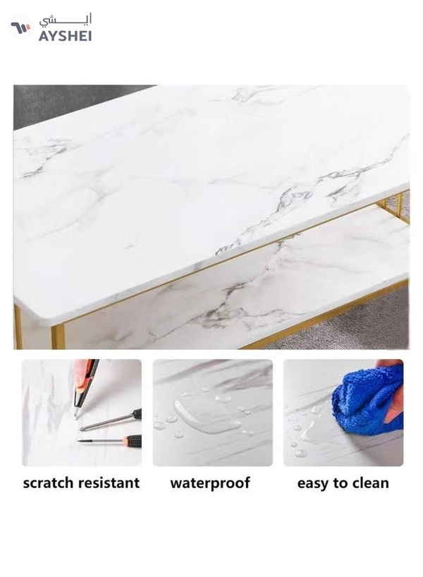 DubaiGallery Elegant Coffee Table with Storage Shelf, Rectangular White Tabletop, Wooden Frame Construction, Modern Center Table Ideal for Living Room, Lounge, Apartment, or Office Spaces