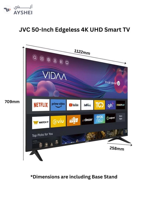 JVC 50-Inch Edgeless 4K UHD Vidaa Smart TV with 2.0CH Soundbar Plus Bluetooth, Usb, Fm Radio With 600W PMPO Combo-LT-50N7105V+TH-N322 LT-50N7105V+TH-N322B black