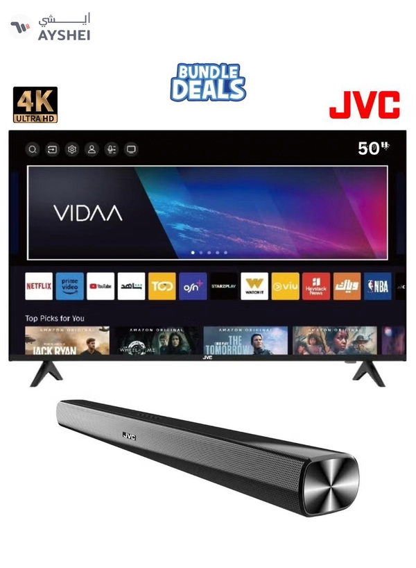 JVC 50-Inch Edgeless 4K UHD Vidaa Smart TV with 2.0CH Soundbar Plus Bluetooth, Usb, Fm Radio With 600W PMPO Combo-LT-50N7105V+TH-N322 LT-50N7105V+TH-N322B black