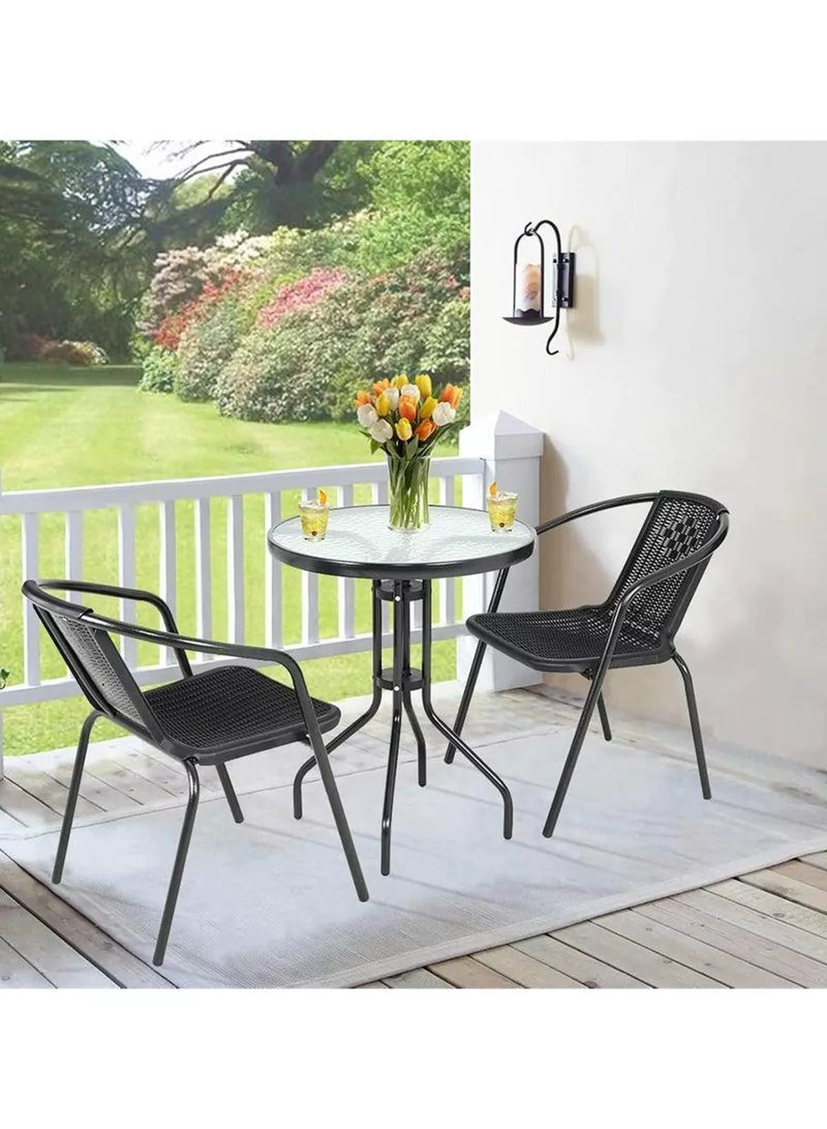 Patio Furniture Set, 3 Pieces Porch Backyard Garden Outdoor Furniture Rattan Chairs and Table Wicker Conversation Set