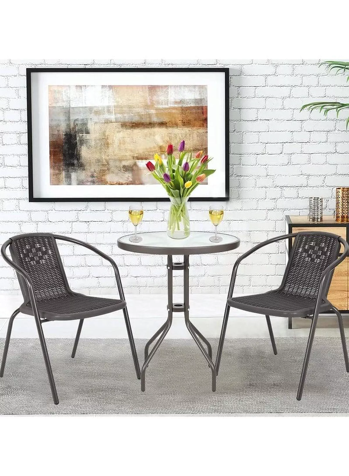 Patio Furniture Set, 3 Pieces Porch Backyard Garden Outdoor Furniture Rattan Chairs and Table Wicker Conversation Set-2-2
