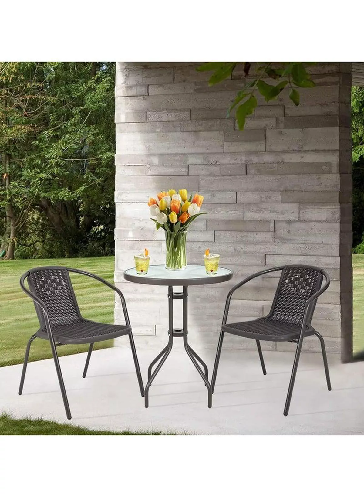 Patio Furniture Set, 3 Pieces Porch Backyard Garden Outdoor Furniture Rattan Chairs and Table Wicker Conversation Set-3-3