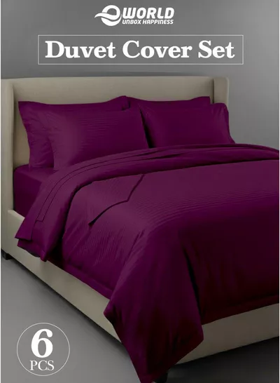 Premium Striped Duvet Set All Season – 6-Pieces set Purple | King Size 220x240 cm | Ultra-Soft, Wrinkle-Resistant & Made in Dubai | Includes Duvet Cover, Fitted Sheet ( 200x200 cm ) & 4 Pillowcases ( 50x70 cm )-0