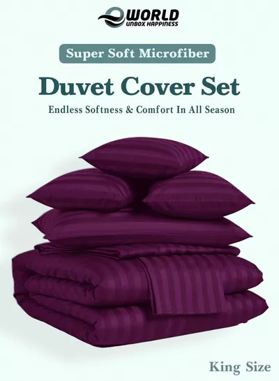 Premium Striped Duvet Set All Season – 6-Pieces set Purple | King Size 220x240 cm | Ultra-Soft, Wrinkle-Resistant & Made in Dubai | Includes Duvet Cover, Fitted Sheet ( 200x200 cm ) & 4 Pillowcases ( 50x70 cm )-2