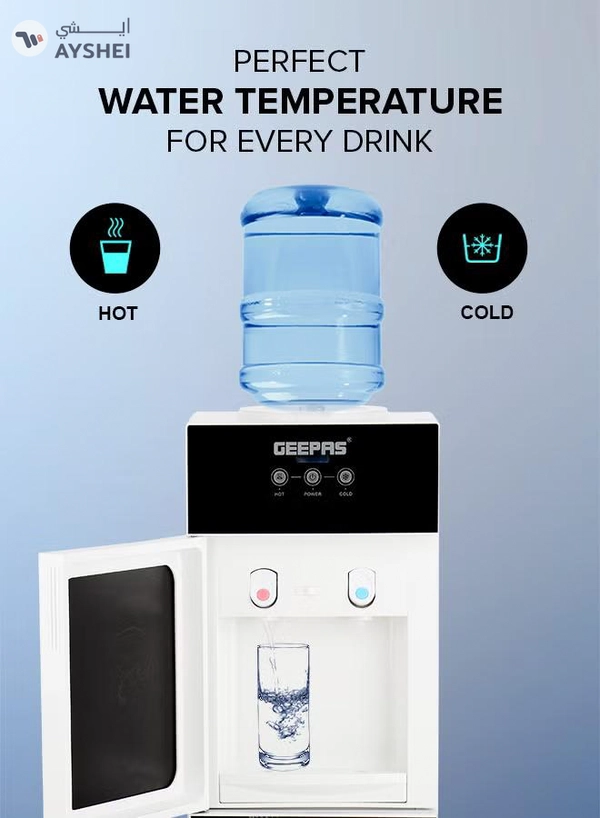 GEEPAS Top Loaded Water Dispenser With Refrigerator With Stainless Steel water Tank, Fast Cooling, 2 Tap- Hot & Cold, Child Safety Button, Cold Tank -2.8L Capacity, Hot Tank 1L Caacity GWD17023 Black & White