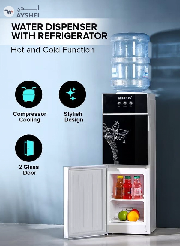 GEEPAS Top Loaded Water Dispenser With Refrigerator With Stainless Steel water Tank, Fast Cooling, 2 Tap- Hot & Cold, Child Safety Button, Cold Tank -2.8L Capacity, Hot Tank 1L Caacity GWD17023 Black & White