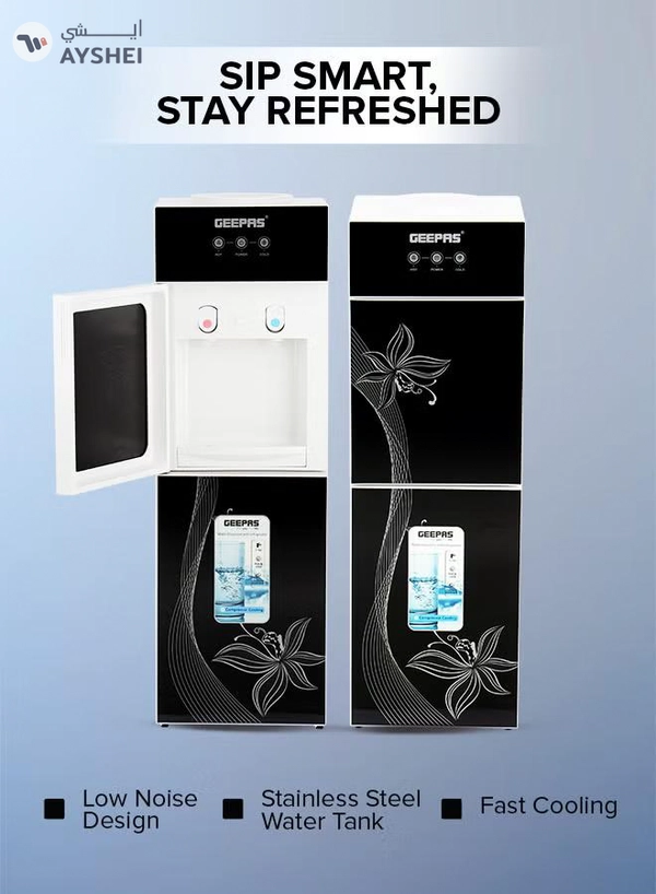 GEEPAS Top Loaded Water Dispenser With Refrigerator With Stainless Steel water Tank, Fast Cooling, 2 Tap- Hot & Cold, Child Safety Button, Cold Tank -2.8L Capacity, Hot Tank 1L Caacity GWD17023 Black & White