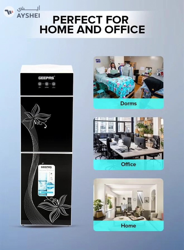 GEEPAS Top Loaded Water Dispenser With Refrigerator With Stainless Steel water Tank, Fast Cooling, 2 Tap- Hot & Cold, Child Safety Button, Cold Tank -2.8L Capacity, Hot Tank 1L Caacity GWD17023 Black & White