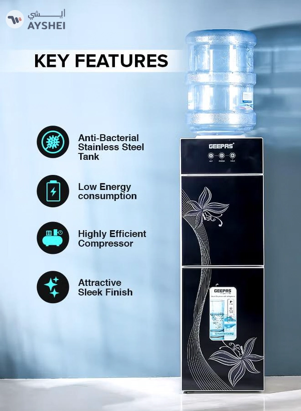 GEEPAS Top Loaded Water Dispenser With Refrigerator With Stainless Steel water Tank, Fast Cooling, 2 Tap- Hot & Cold, Child Safety Button, Cold Tank -2.8L Capacity, Hot Tank 1L Caacity GWD17023 Black & White