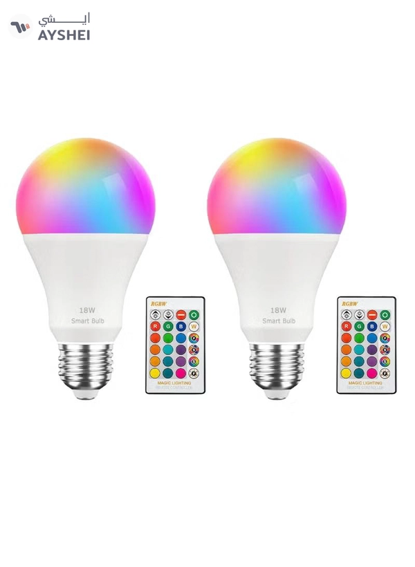 Yuwell 2Pcs RGBW Smart LED Light Bulb 24 Color Changing Bulb With Remote Control Smart Bulb With 16 Million Color Range E27-18W Bulb 50000 Hour Lifespan 2700K-6500K Color Temperature For Home Room Decoration