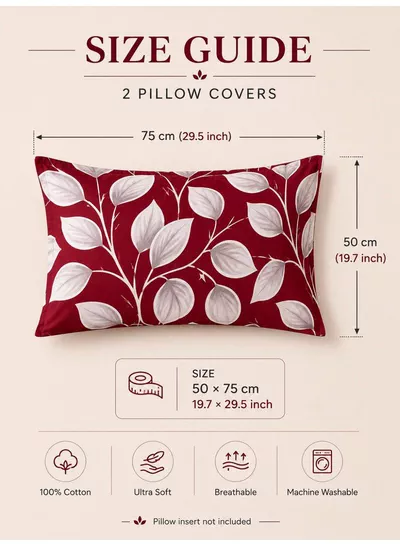 Set of 2 100% Cotton Printed Pillow Covers, Festive Red Honeycomb Leaf Design, 125 GSM Fabric, Soft & Breathable, Envelope Closure, Fade Resistant & Machine Washable – 50 x 75 cm-1