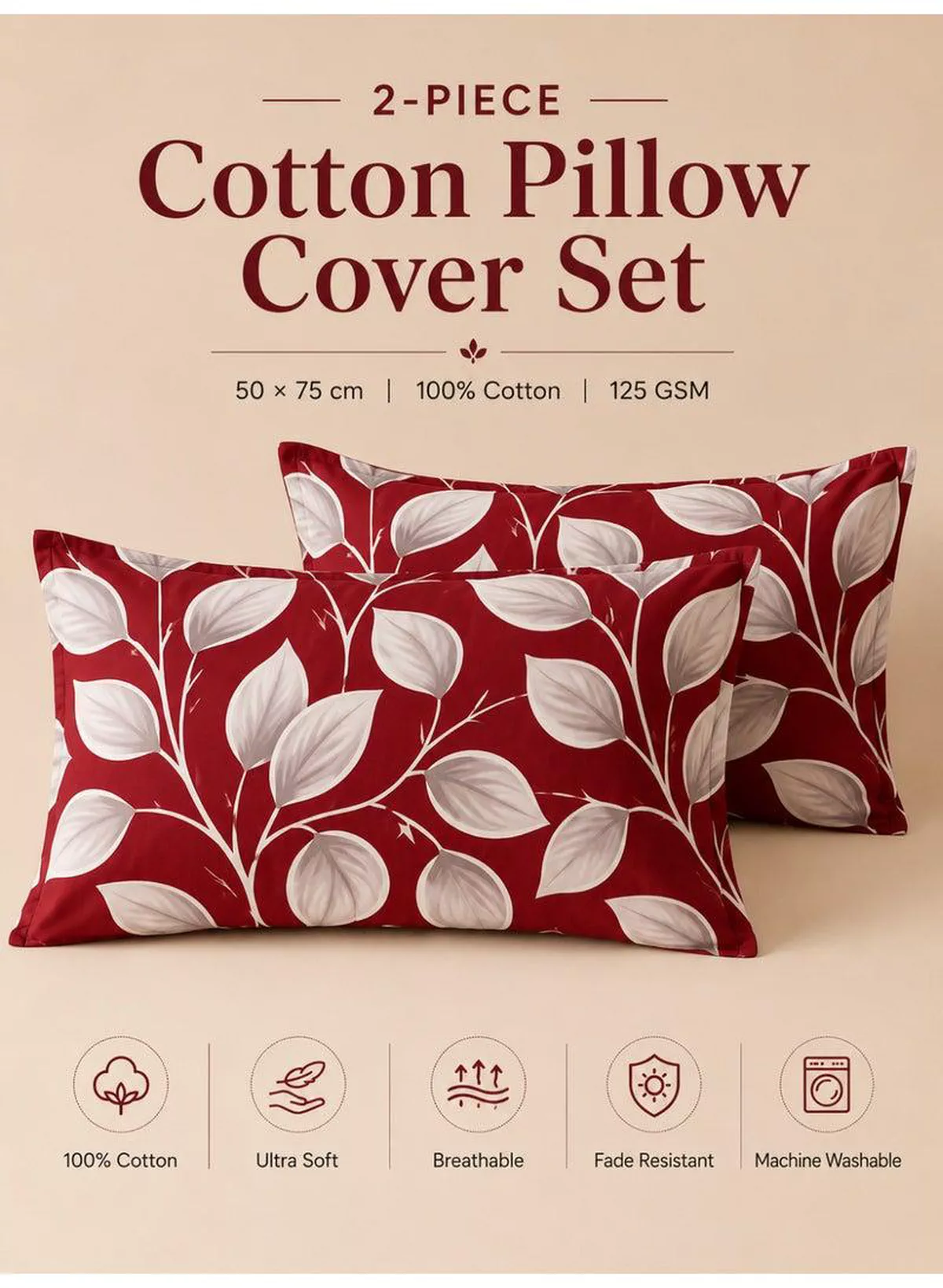 Set of 2 100% Cotton Printed Pillow Covers, Festive Red Honeycomb Leaf Design, 125 GSM Fabric, Soft & Breathable, Envelope Closure, Fade Resistant & Machine Washable – 50 x 75 cm