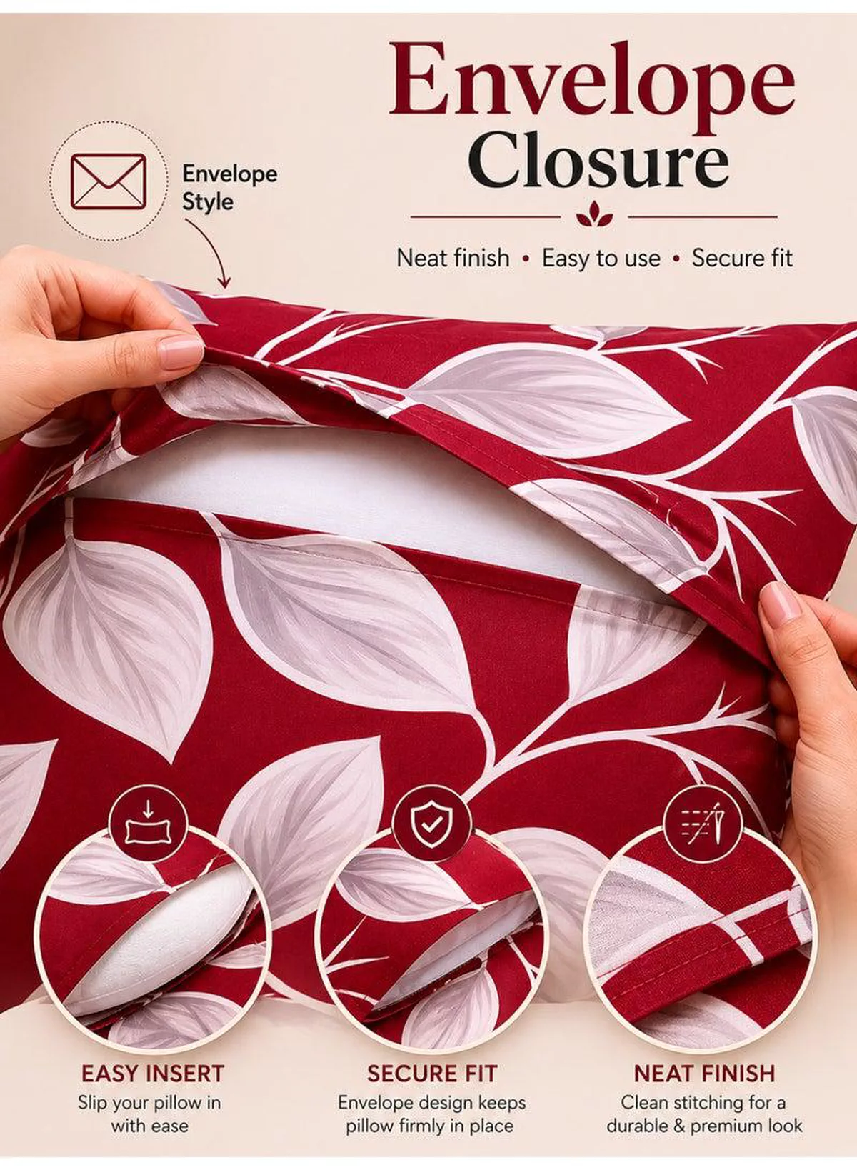 Set of 2 100% Cotton Printed Pillow Covers, Festive Red Honeycomb Leaf Design, 125 GSM Fabric, Soft & Breathable, Envelope Closure, Fade Resistant & Machine Washable – 50 x 75 cm-2-2