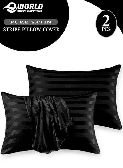 Set of 2 Black Satin Stripe Pillow Covers Featuring 300 Thread Count, 1cm Satin Stripe, Envelope Closure, Cool, Breathable & Premium Quality-0