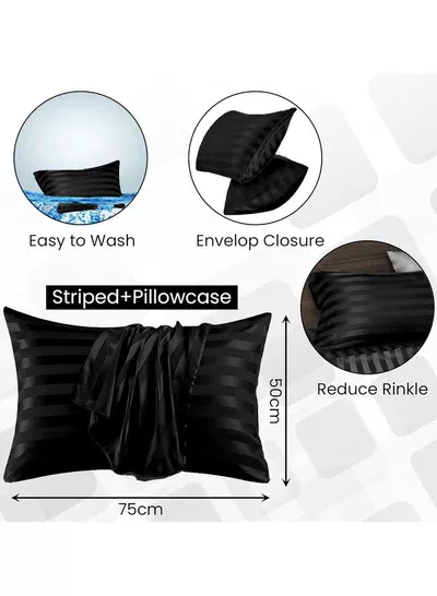 Set of 2 Black Satin Stripe Pillow Covers Featuring 300 Thread Count, 1cm Satin Stripe, Envelope Closure, Cool, Breathable & Premium Quality-1