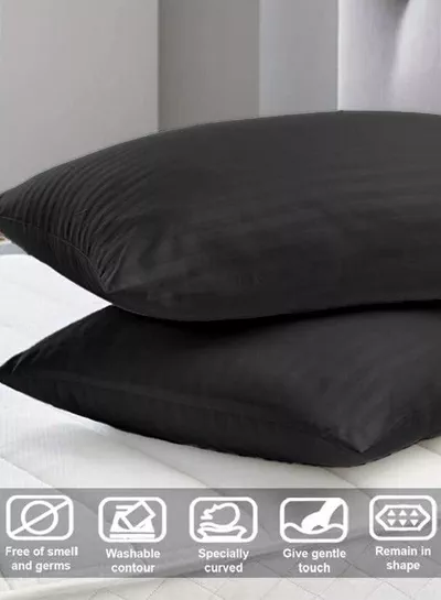 Set of 2 Black Satin Stripe Pillow Covers Featuring 300 Thread Count, 1cm Satin Stripe, Envelope Closure, Cool, Breathable & Premium Quality-2