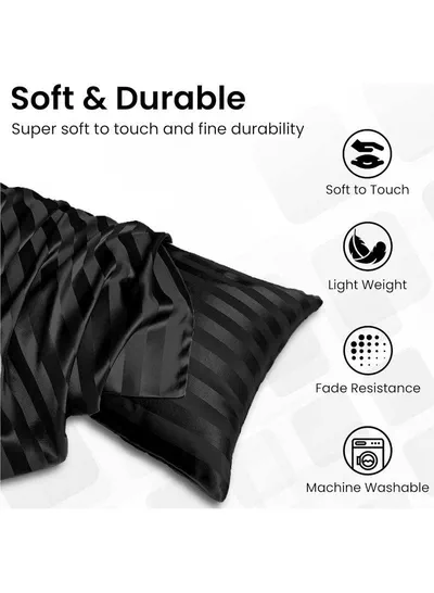 Set of 2 Black Satin Stripe Pillow Covers Featuring 300 Thread Count, 1cm Satin Stripe, Envelope Closure, Cool, Breathable & Premium Quality-4