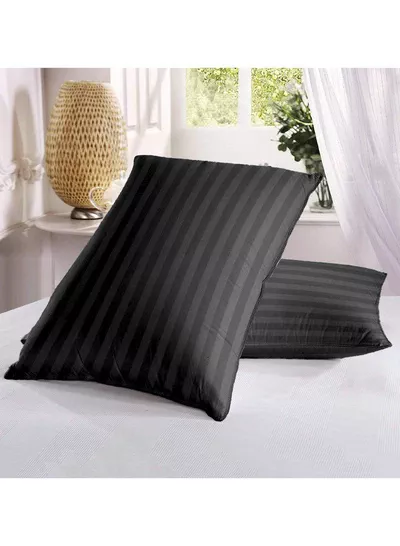 Set of 2 Black Satin Stripe Pillow Covers Featuring 300 Thread Count, 1cm Satin Stripe, Envelope Closure, Cool, Breathable & Premium Quality-5