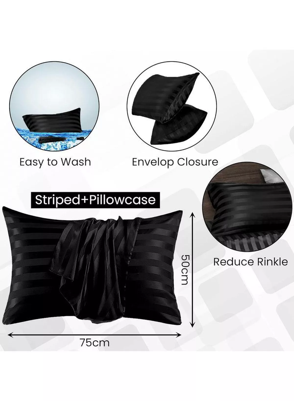 Set of 2 Black Satin Stripe Pillow Covers Featuring 300 Thread Count, 1cm Satin Stripe, Envelope Closure, Cool, Breathable & Premium Quality-1-1