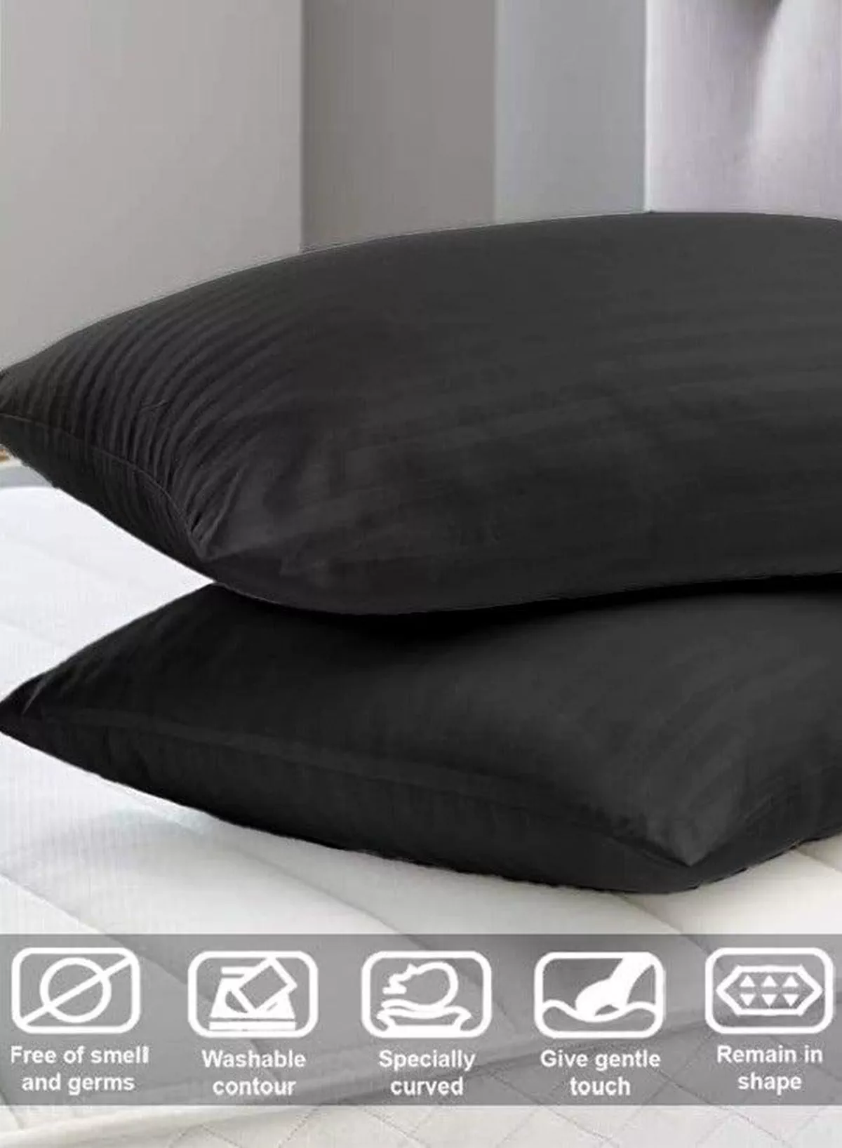 Set of 2 Black Satin Stripe Pillow Covers Featuring 300 Thread Count, 1cm Satin Stripe, Envelope Closure, Cool, Breathable & Premium Quality-2-2