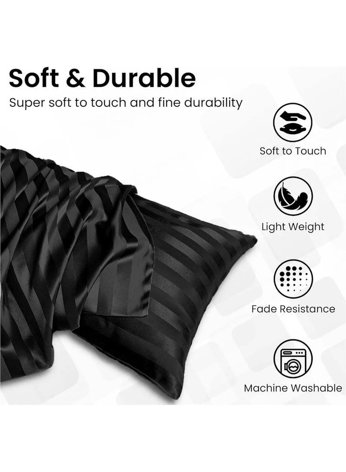 Set of 2 Black Satin Stripe Pillow Covers Featuring 300 Thread Count, 1cm Satin Stripe, Envelope Closure, Cool, Breathable & Premium Quality-4-4