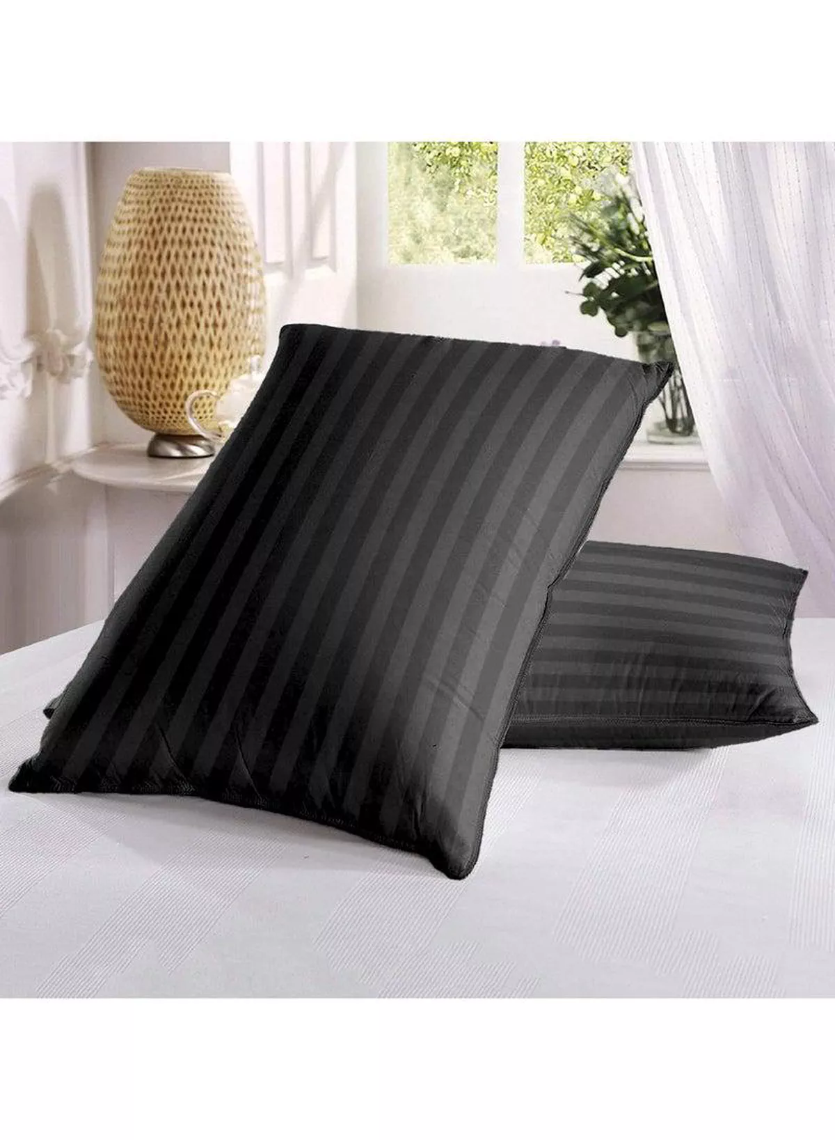 Set of 2 Black Satin Stripe Pillow Covers Featuring 300 Thread Count, 1cm Satin Stripe, Envelope Closure, Cool, Breathable & Premium Quality-5-5