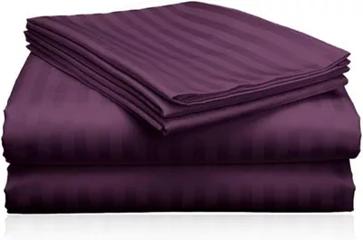 3pcs Fitted Bedsheet Set, 150x200cm, Deep Pocket (15–35cm), Striped Hotel Bed Sheet Set, Purple-0