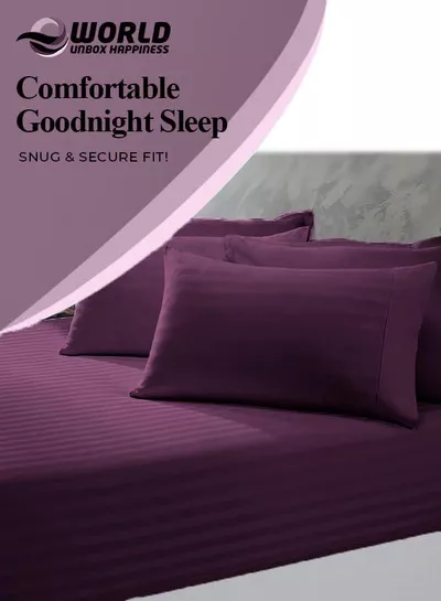 3pcs Fitted Bedsheet Set, 150x200cm, Deep Pocket (15–35cm), Striped Hotel Bed Sheet Set, Purple-1
