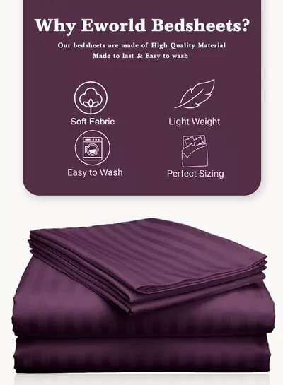 3pcs Fitted Bedsheet Set, 150x200cm, Deep Pocket (15–35cm), Striped Hotel Bed Sheet Set, Purple-3