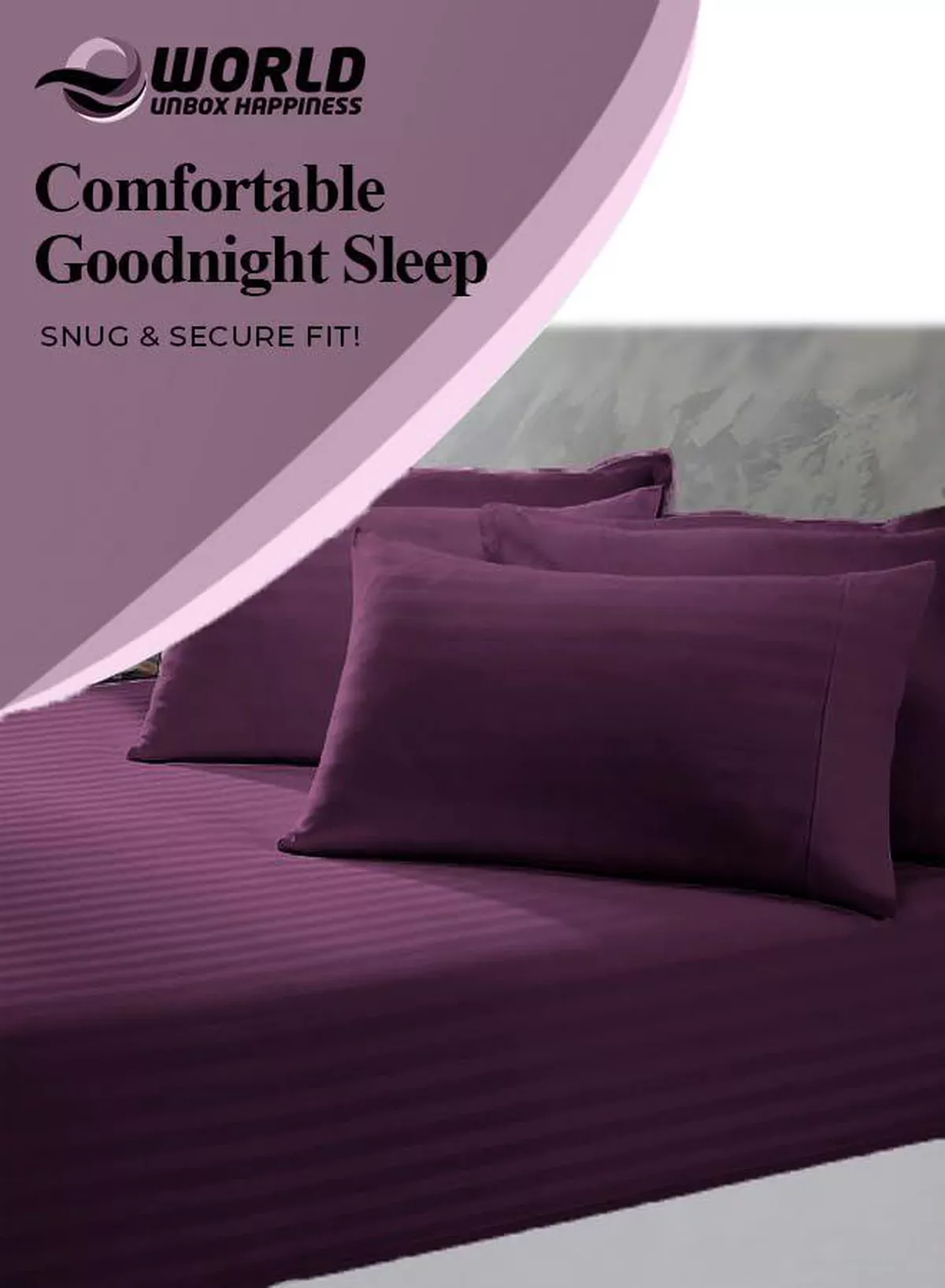 3pcs Fitted Bedsheet Set, 150x200cm, Deep Pocket (15–35cm), Striped Hotel Bed Sheet Set, Purple-1-1