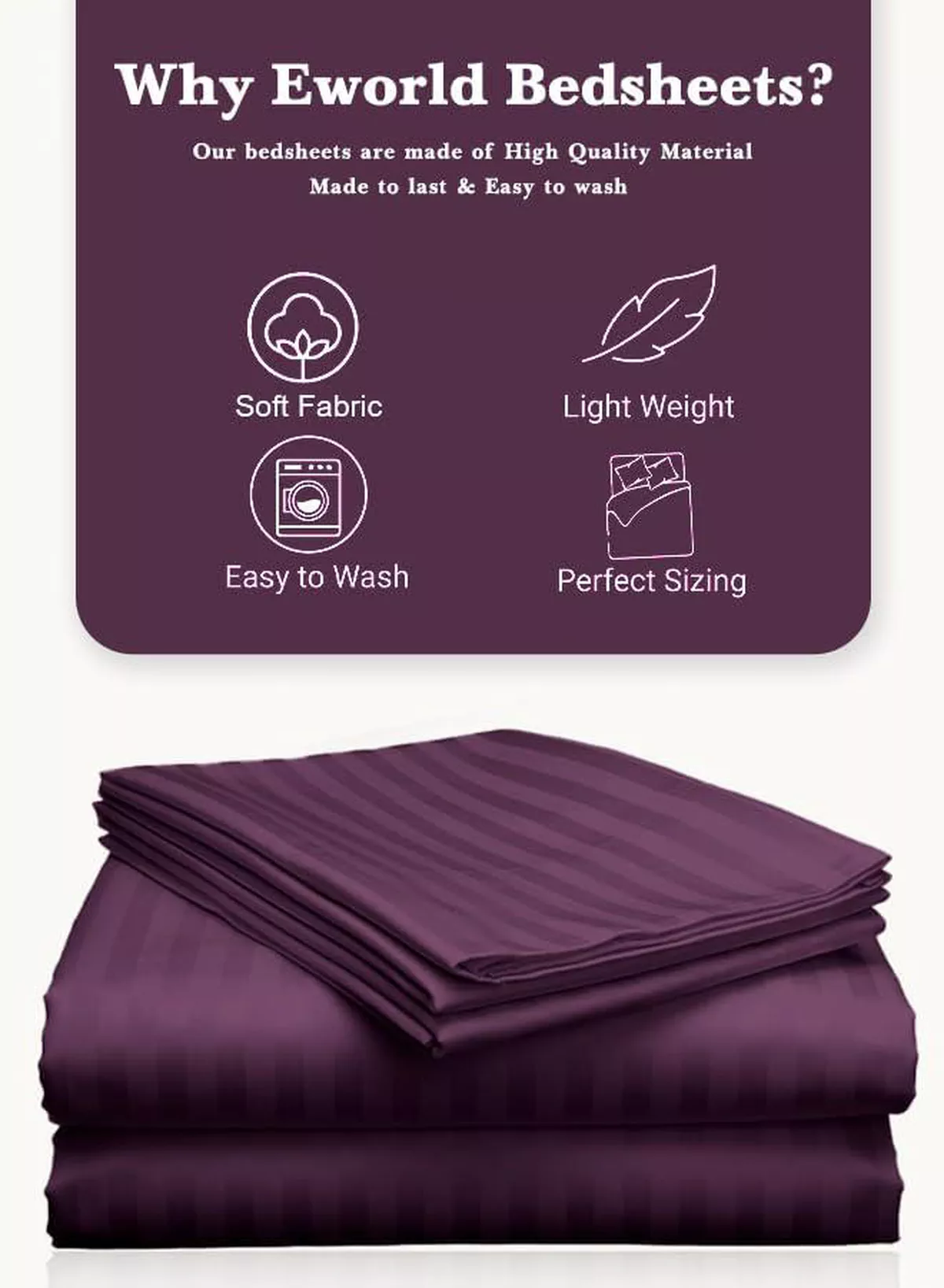 3pcs Fitted Bedsheet Set, 150x200cm, Deep Pocket (15–35cm), Striped Hotel Bed Sheet Set, Purple-3-3