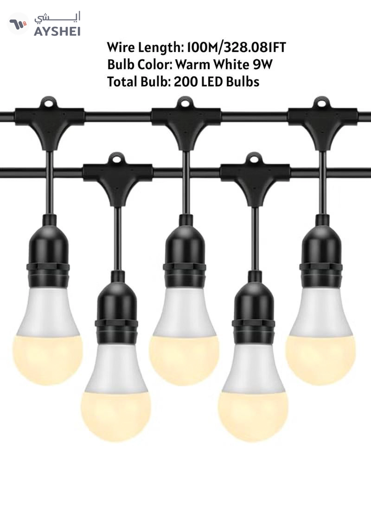 Yuwell Outdoor Waterproof IP65 Led String Lights E27 Holder 100 Meter Bulb Holder Wire With 200 LED Bulbs 9W Warm White With EU Plug Solar Bulb Holder For Ramadan Decoration Lights And Outdoor Decoration Light Hanging Light String Wire Ramadan Light For Commercial Patio Garden & Porch Yard-1-1