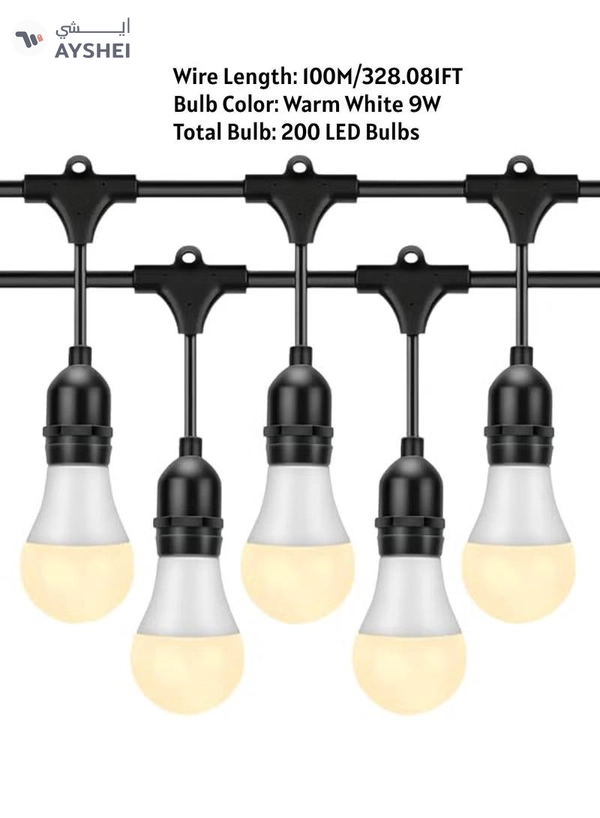 Yuwell Outdoor Waterproof IP65 Led String Lights E27 Holder 100 Meter Bulb Holder Wire With 200 LED Bulbs 9W Warm White With EU Plug Solar Bulb Holder For Ramadan Decoration Lights And Outdoor Decoration Light Hanging Light String Wire Ramadan Light For Commercial Patio Garden & Porch Yard