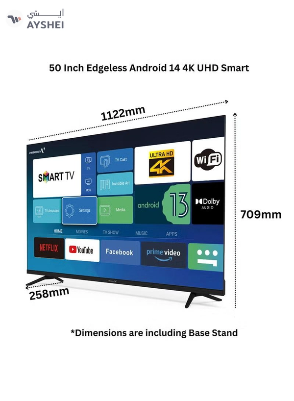 VIDEOCON 50 Inch Edgeless 4K UHD Android 13 Smart TV Netflix, Youtube, Amazon Prime Etc E50EL1100 Black