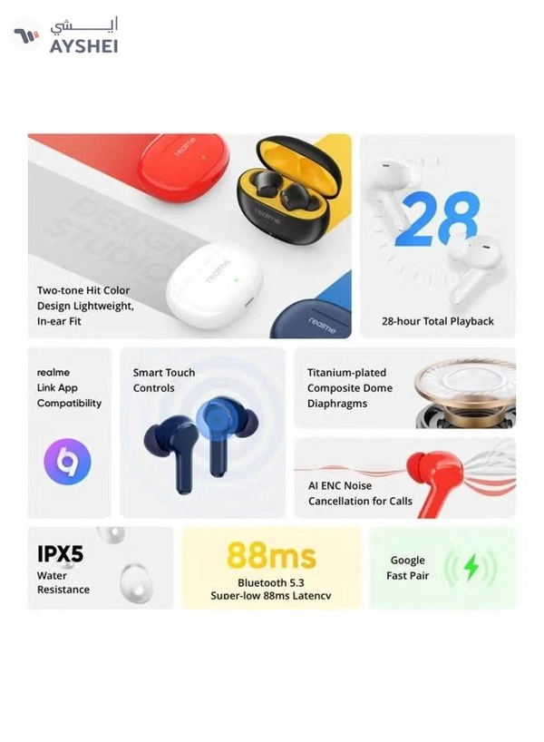 realme Buds T100 True Wireless Earbuds With AI Noise Cancelling Blue