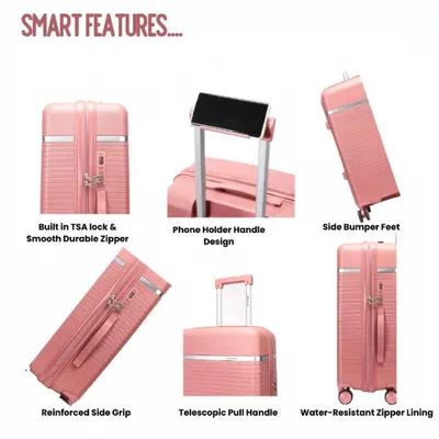 British Traveller 3-Piece Polypropylene Luggage Set | 20”, 24”, 28” Lightweight Suitcases with 360° Spinner Wheels, TSA Lock, Water & Scratch Resistant | Durable Hard Shell Trolley Bags with Telescopic Handle - Pink-6