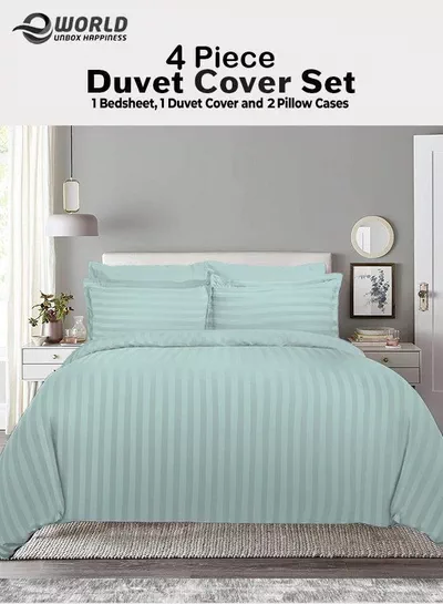 Premium Striped Duvet Set All Season – 4-Pieces Set Pastel Green | King Size 220x240 cm | Ultra-Soft, Wrinkle-Resistant & Made in Dubai | Includes Duvet Cover, Fitted Sheet (200x200 cm) & 2 Pillowcases (50x70 cm)-0