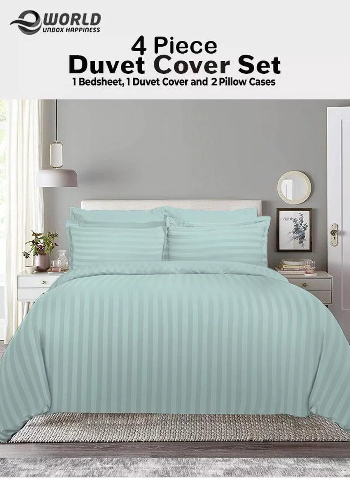 Premium Striped Duvet Set All Season – 4-Pieces Set Pastel Green | King Size 220x240 cm | Ultra-Soft, Wrinkle-Resistant & Made in Dubai | Includes Duvet Cover, Fitted Sheet (200x200 cm) & 2 Pillowcases (50x70 cm)