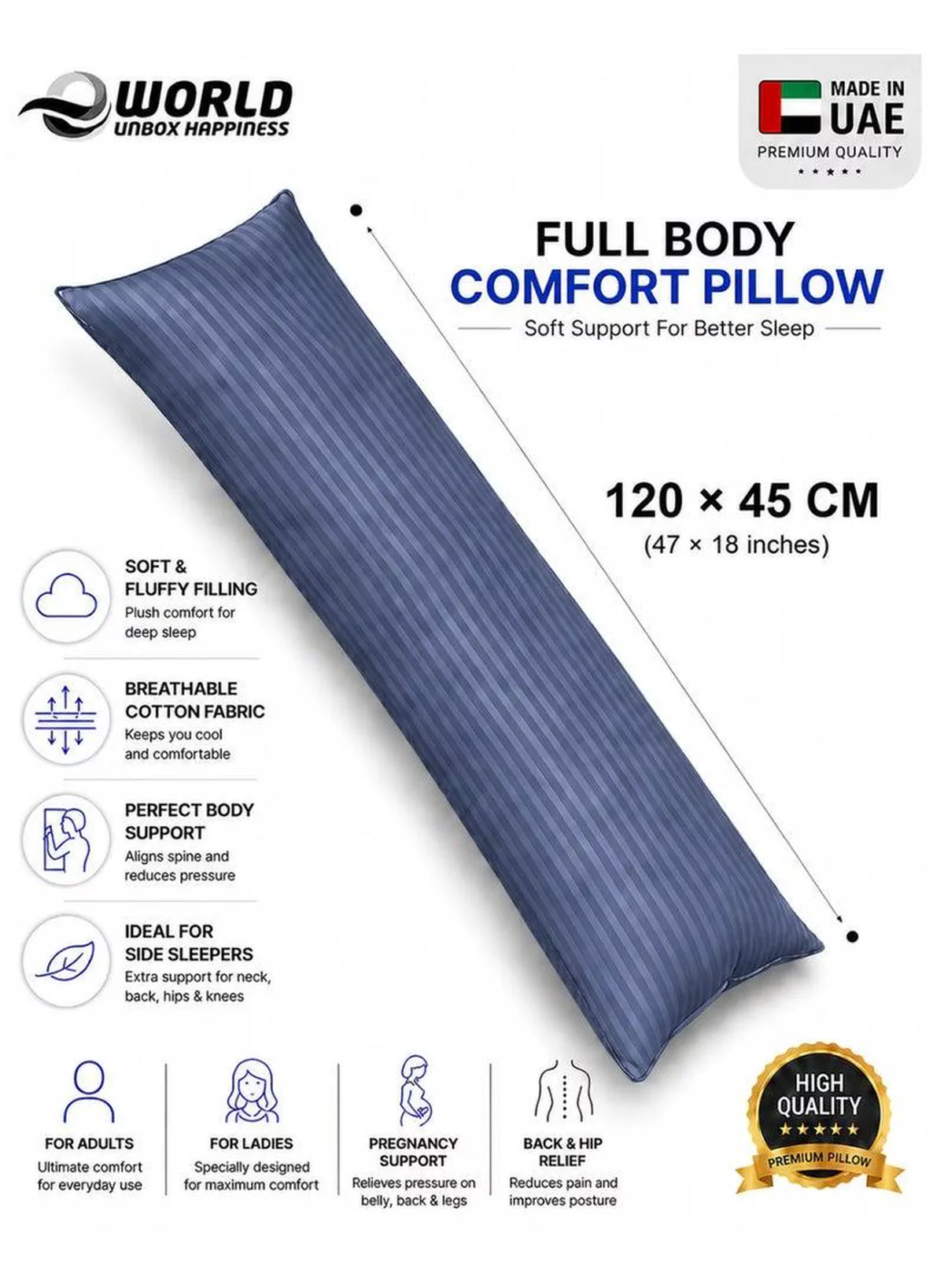 Premium Full Body Pillow for Adults, Ultra-Smooth Polyester Fiber, Breathable & Ideal for Side Sleepers, with Ultra-Soft Cotton Cover, Available in Multiple Colors, 120x45 cm