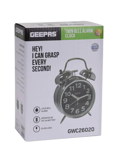 Geepas GWC26020 Twin Bell Alarm Clock, Chrome silver case, Portable, Loud Classic Analogue Alarm Clock with Backlight, Chrome Silver Body with Glass Lens, Round Twin Bell Clock with Step Movement, 2 Y-1