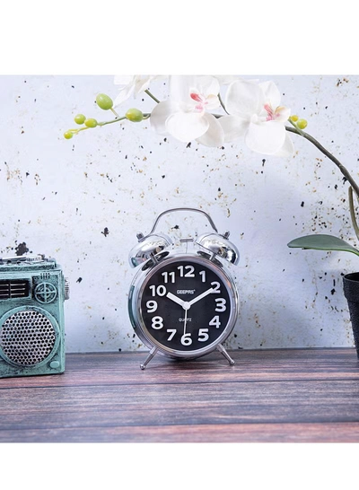 Geepas GWC26020 Twin Bell Alarm Clock, Chrome silver case, Portable, Loud Classic Analogue Alarm Clock with Backlight, Chrome Silver Body with Glass Lens, Round Twin Bell Clock with Step Movement, 2 Y-5