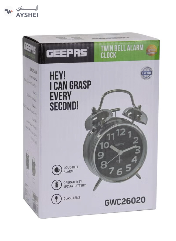 Geepas GWC26020 Twin Bell Alarm Clock, Chrome silver case, Portable, Loud Classic Analogue Alarm Clock with Backlight, Chrome Silver Body with Glass Lens, Round Twin Bell Clock with Step Movement, 2 Y