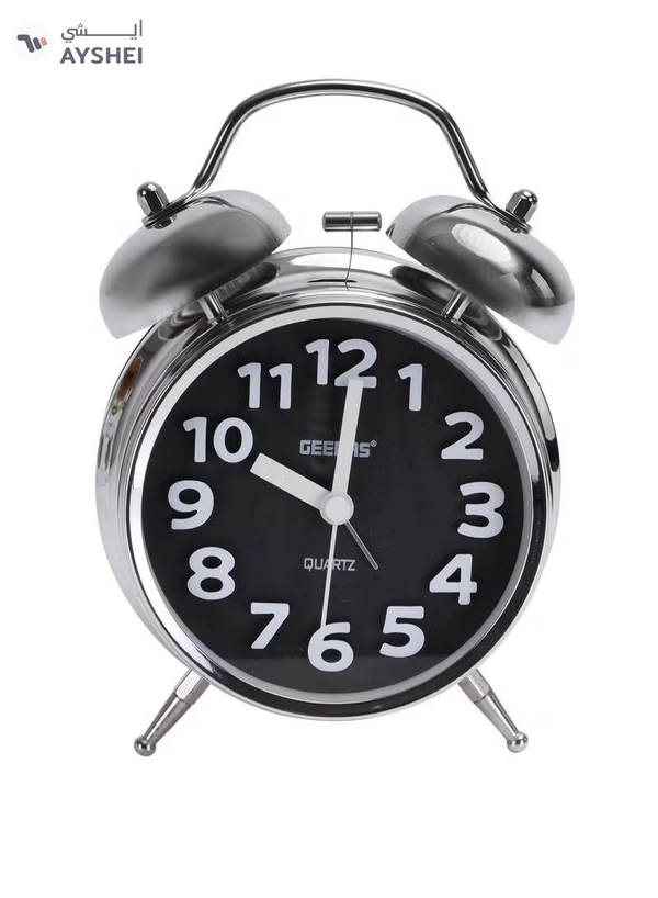 Geepas GWC26020 Twin Bell Alarm Clock, Chrome silver case, Portable, Loud Classic Analogue Alarm Clock with Backlight, Chrome Silver Body with Glass Lens, Round Twin Bell Clock with Step Movement, 2 Y