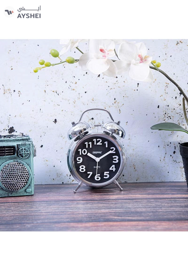 Geepas GWC26020 Twin Bell Alarm Clock, Chrome silver case, Portable, Loud Classic Analogue Alarm Clock with Backlight, Chrome Silver Body with Glass Lens, Round Twin Bell Clock with Step Movement, 2 Y