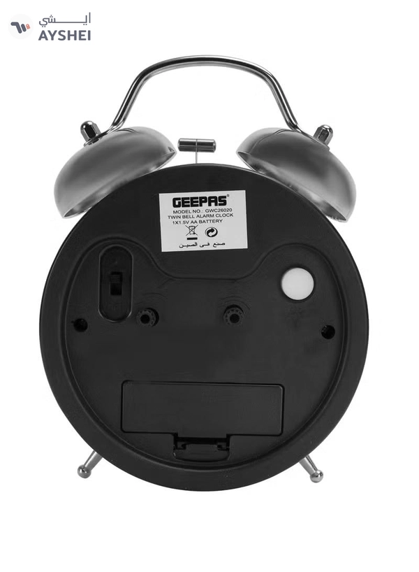 Geepas GWC26020 Twin Bell Alarm Clock, Chrome silver case, Portable, Loud Classic Analogue Alarm Clock with Backlight, Chrome Silver Body with Glass Lens, Round Twin Bell Clock with Step Movement, 2 Y