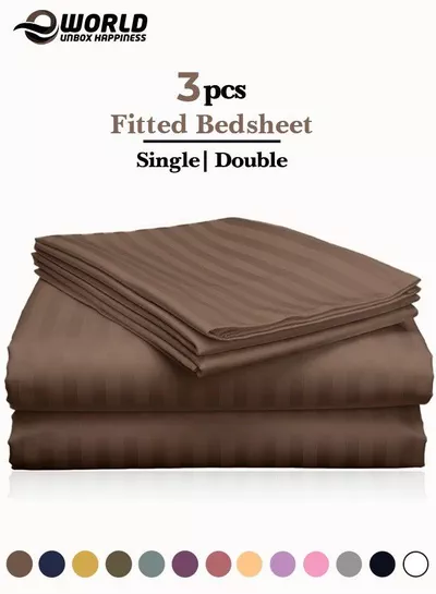 3 Piece Luxury Dark Brown Striped Bed Sheet Set with 1 Deep Pocket Sheet and 2 Pillowcases for Hotel and Home Crafted from Ultra Soft and Breathable Microfiber for Year-Round Comfort, (Single/Double)-0